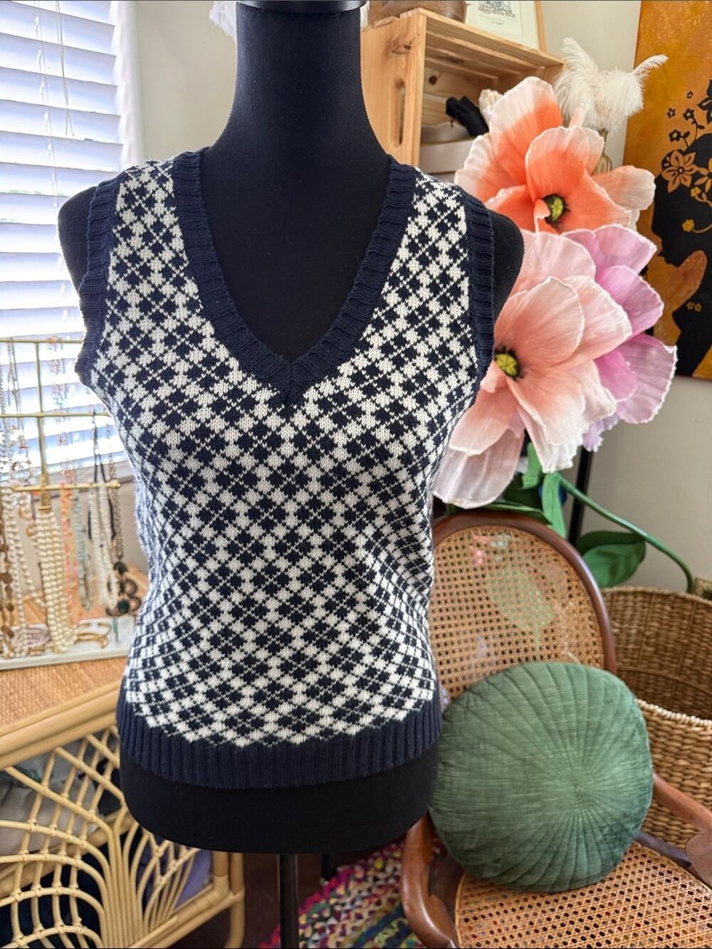 Brandy Melville White Navy Checkered Preppy Nantucket Academia Knit Sweater Vest